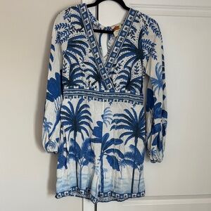 Farm Rio for Anthropologie blue and white long sleeve Romper